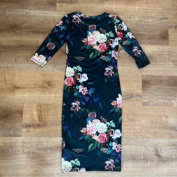 TOPSHOP Women's 6 Fitted Midi Soft Stretch 3/4 Sleeve Floral Butterfly Dress - Picture 5 of 5